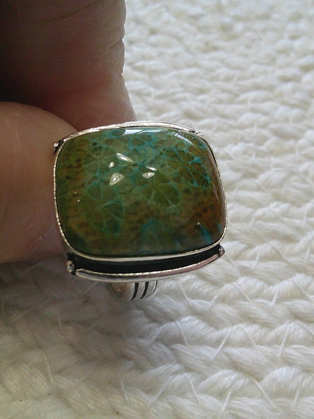 Beautiful GREEN FOSSIL CORAL Handmade Sterling 925 RIng Size 8.5 #765E - Picture 3 of 3